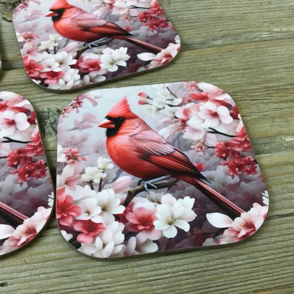 Male Cardinal and Flowers Set of 4 Coasters - Picture 5 of 7